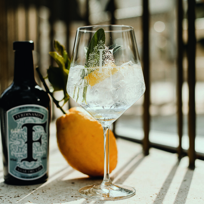 Ferdinand's Saar Dry Gin & Tonic mit Zitrone bei Sonnenschein